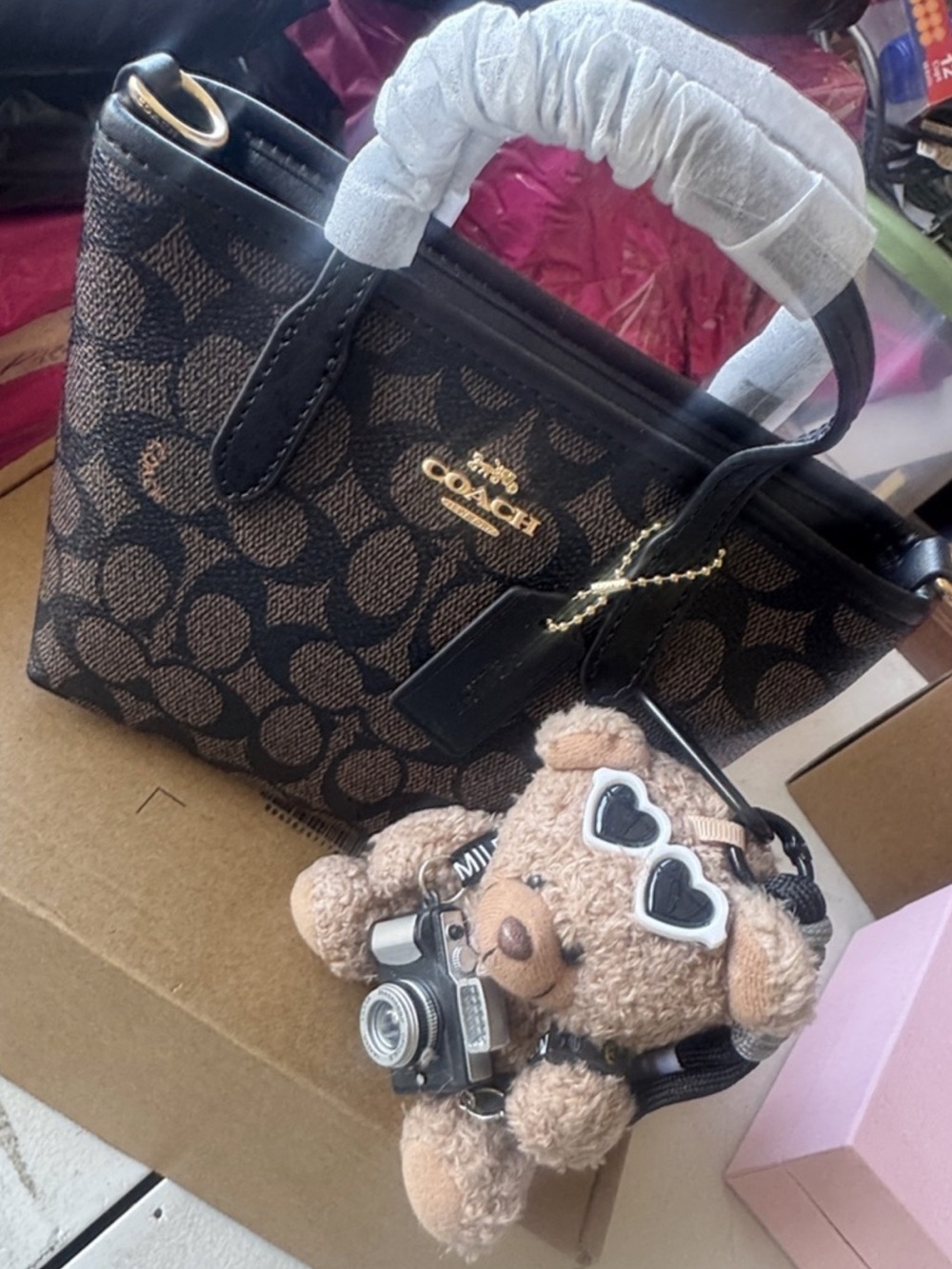 Coach Brown Signature Mini Tote  Teddy Camera Charm not included
